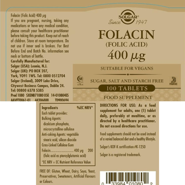 Solgar Folacin Folic Acid 400µg 100 Tablets