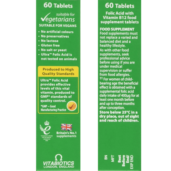 Vitabiotics Ultra Folic Acid 400µg with Vitamin B12 60 Tablets