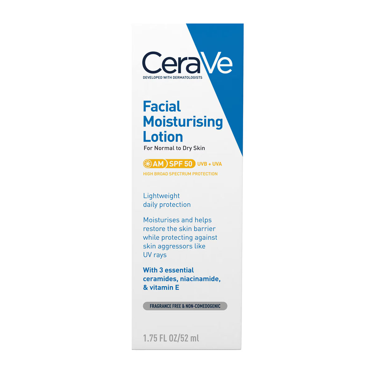 CeraVe AM Facial Moisturising Lotion SPF50 with Ceramides for Normal to Dry Skin 52ml